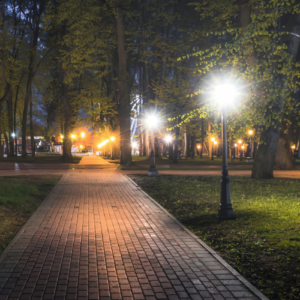 A park at night with very bright lighting to walk and feel safe